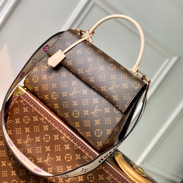 CLUNY MM HANDBAG 33 IN BROWN MONOGRAM CALFSKIN BEIGE BLACK EMBROIDERED LOGO CANVAS