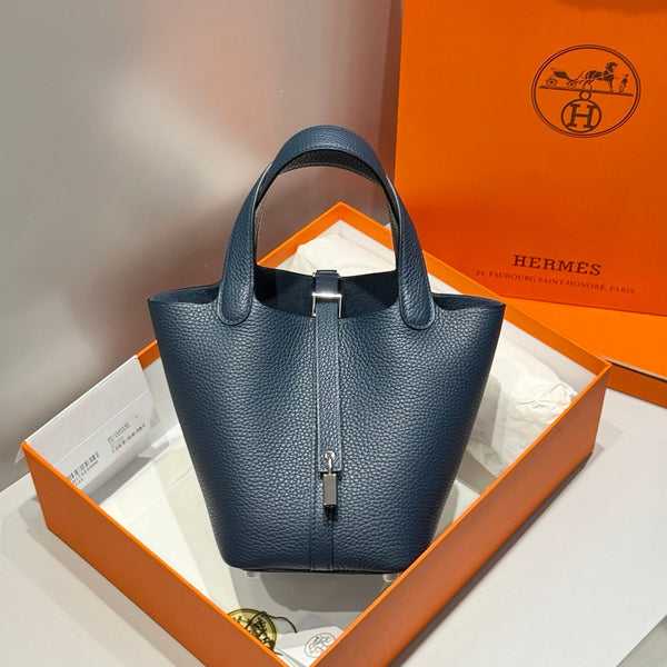 HERMES 25S PICOTIN LOCK 18 IN NAVY BLUE CALFSKIN SILVER HARDWARE