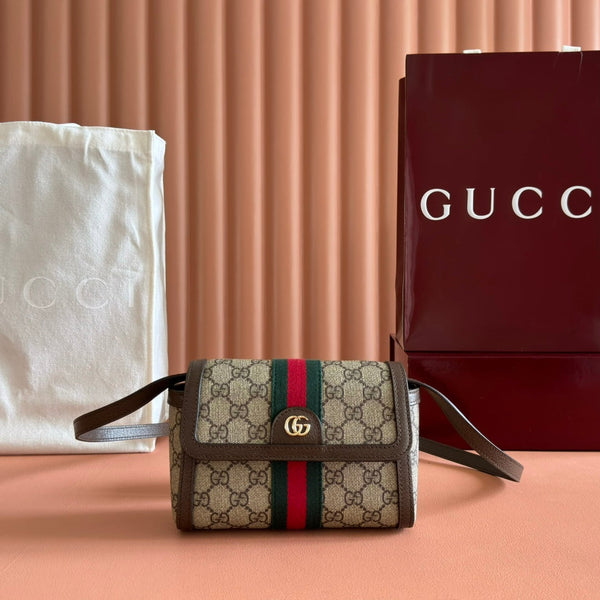 GUCCI 25S OPHIDIA BAG 18 IN BEIGE CANVAS AND BROWN CALFSKIN SILVER HARDWARE