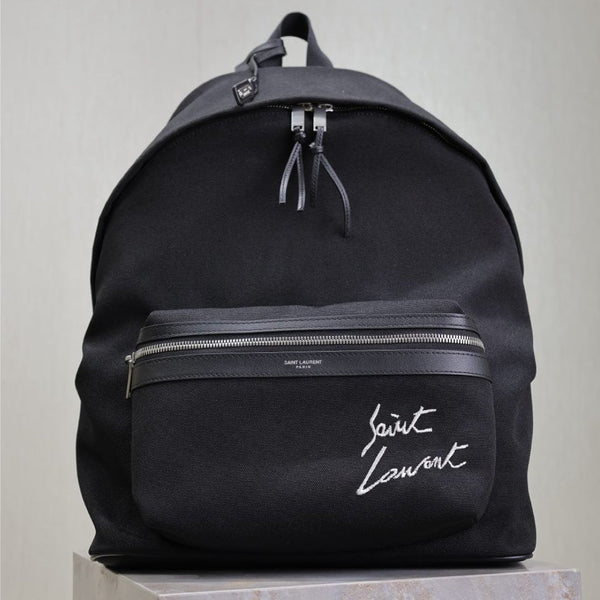 CITY BACKPACK 38 IN BLACK CANVAS WITH WHITE EMBROIDED LOGO