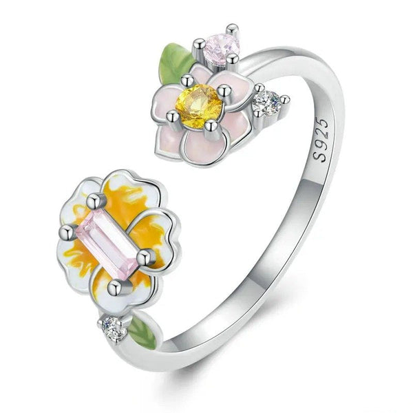 [SHINY]Colorful Enamel Flower Adjustable Ring Yellow Zircon Open Ring